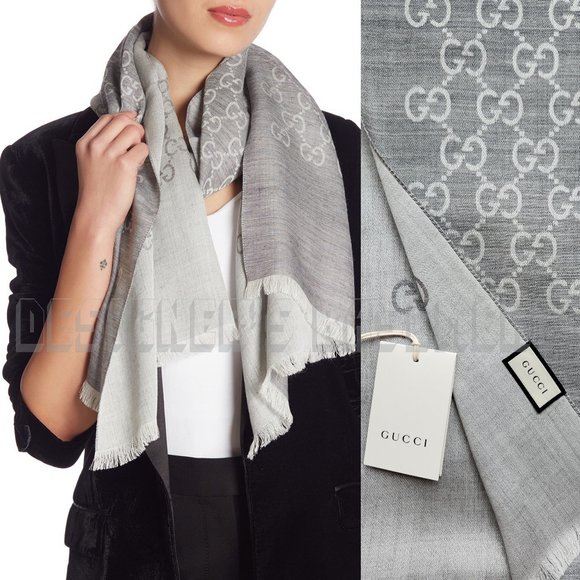 GUCCI light & med Heather Gray GGNAT wool & silk 18x70" shawl Pashmina scarf NWT - Picture 1 of 10
